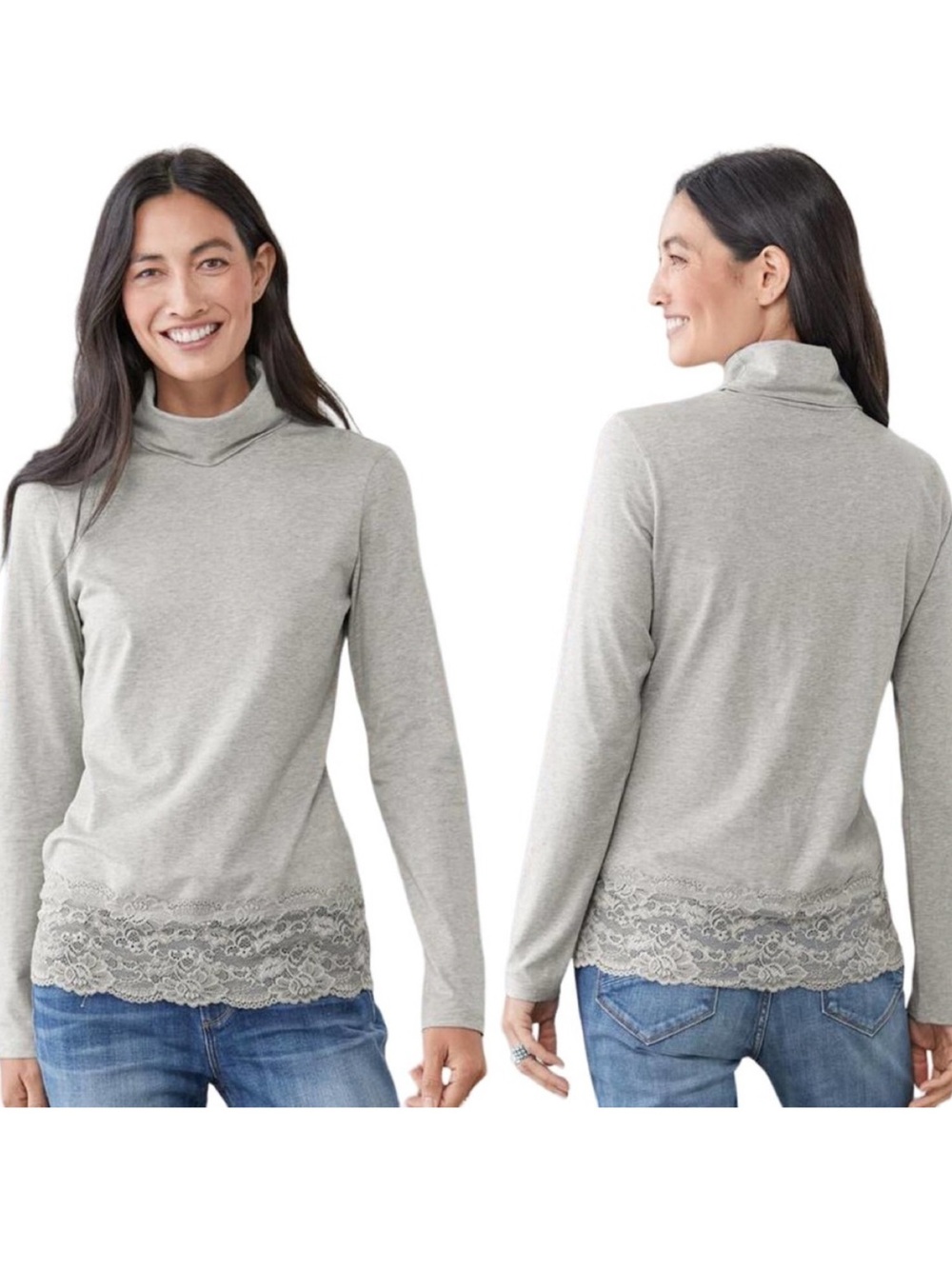Sundance Elan Lace Trim Lightweight Turtleneck Pullover Women's L Grey